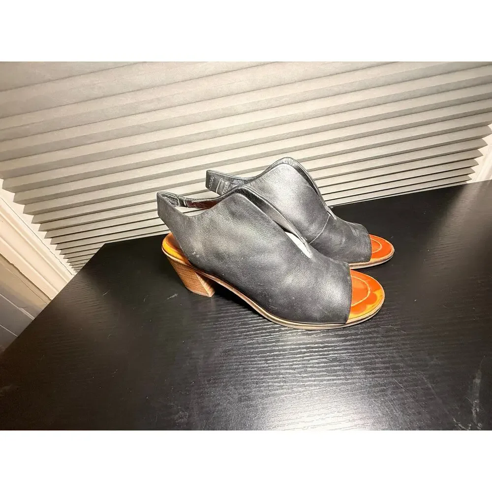 Lucky Brand Leather Mule Heels Womens Size 8 Black Peep Toe Block Heel Slingback